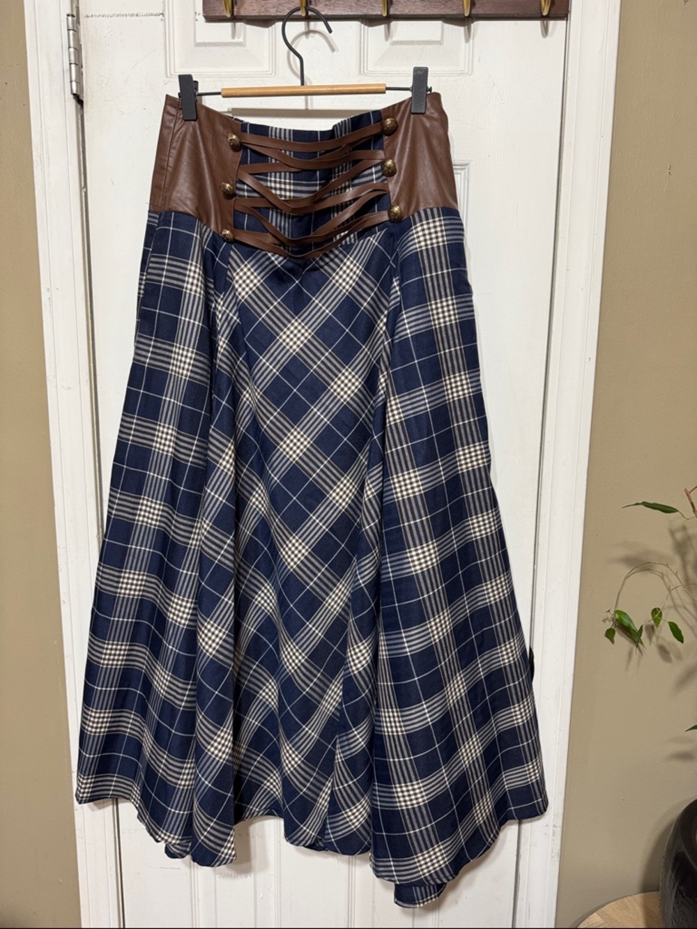 Navy Plaid A-Line Skirt with Brown Faux-Leather Waist